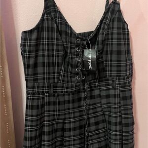 Black Plaid Lace-Up Dress